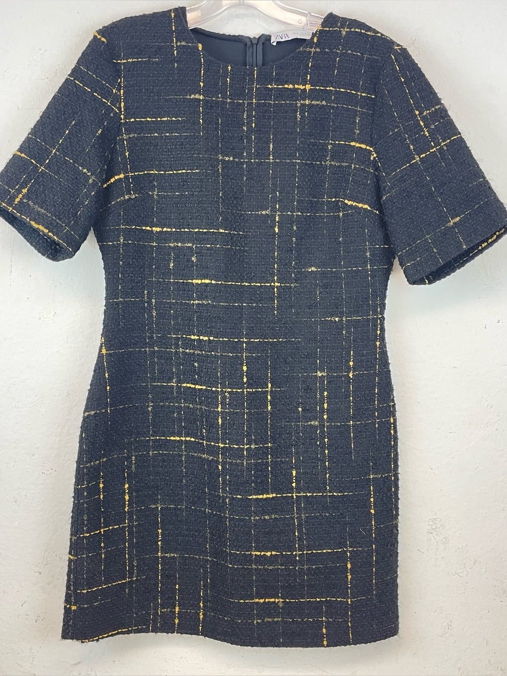 Zara Black Plaid Tweed Shift Dress with Gold Thread Size M